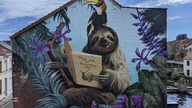 Prachtige streetart maakt bewoners van Pleinstraat in Heverlee gelukkiger: “We hopen dat het verkeer de rustige houding van de luiaard overneemt”