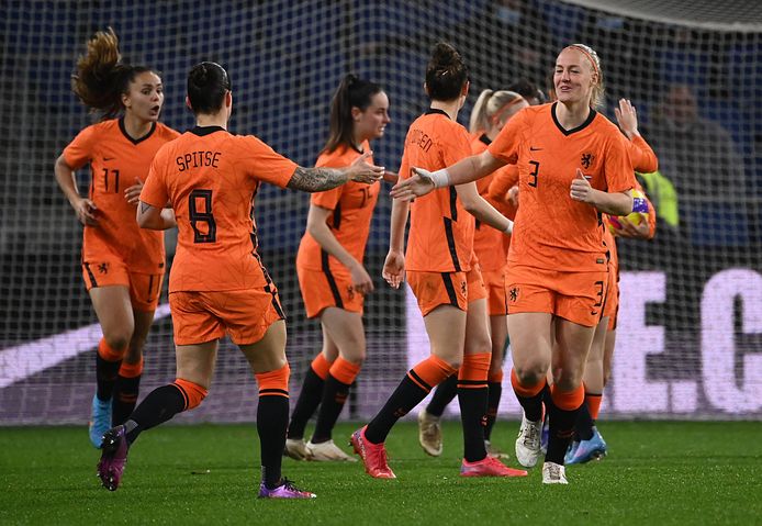 Oranje viert de goal.