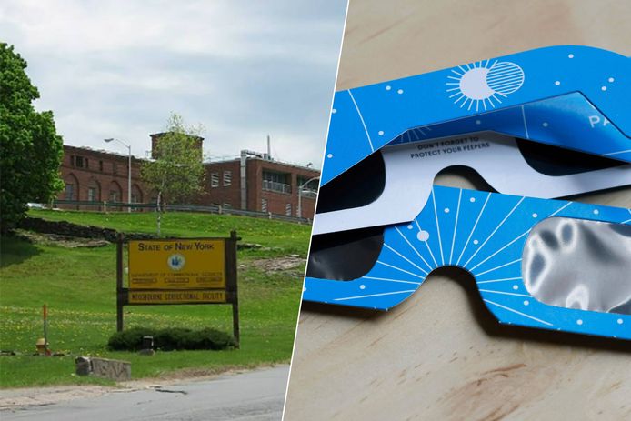 De Woodbourne-gevangenis. / De eclipsbrilletjes die maandag gratis aangeboden worden in New York om naar de zonsverduistering te zien.
