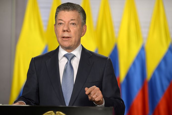 Colombiaans president Juan Manuel Santos tijdens zijn speech over de toetreding van Colombia als "globale partner" van de NAVO.