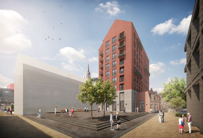 Pakhuis West, negen etages boven een ruimte voor horeca op een pleintje in het Veemarktkwartier. Rechts de inkijk in de Veemarktstraat: de vroegere woningen daar worden deels aan het woongebouw 'vastgeplakt'.
