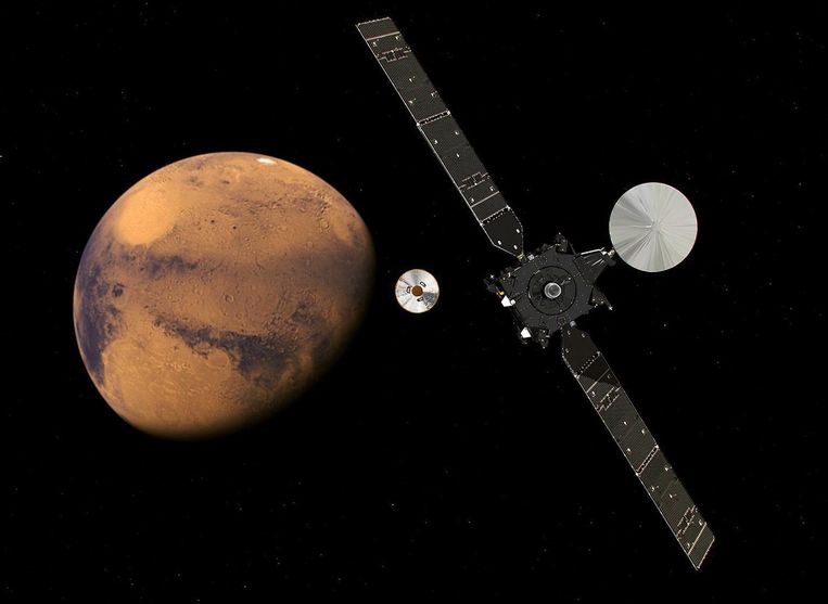 Een digitale voorstelling van de ExoMars Trace Gas Orbiter, die samen met Schiaparelli naar Mars vloog. De sonde zal in een baan om de planeet blijven. Beeld epa