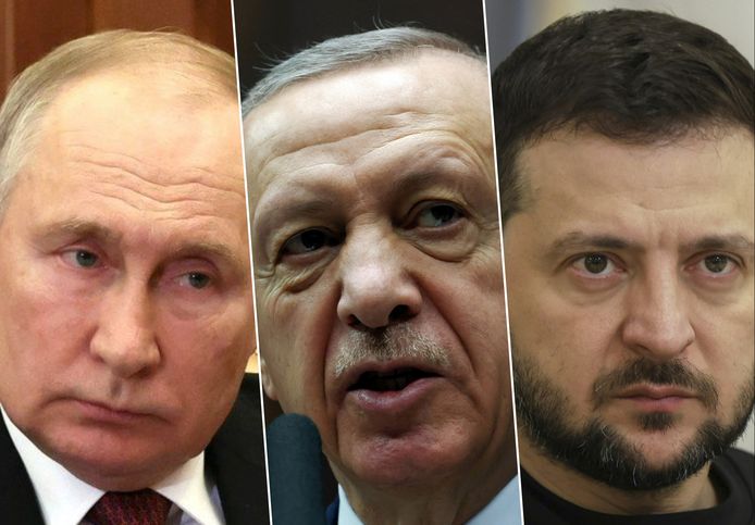 Vladimir Poetin, Recep Tayyip Erdogan en Vladymyr Zelensky.