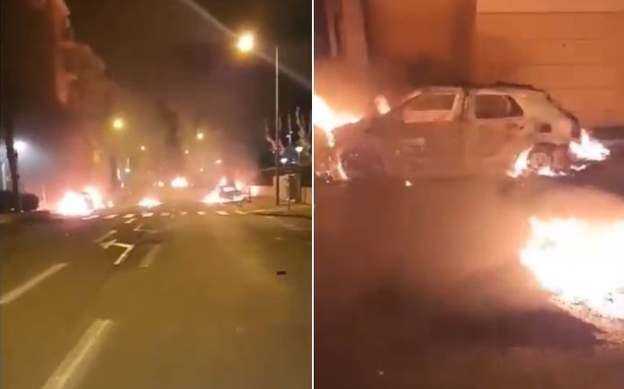 Auto’s werden in de nacht van zaterdag op zondag in brand gestoken, ruiten ingeklopt en de politie aangevallen.