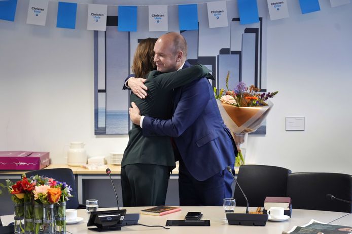 Mirjam Bikker receives congratulations from Gert-Jan Segers during a party meeting of the ChristenUnie where she was elected as party chairman and political leader of the ChristenUnie.