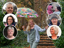 Karin (met paraplu), en vanaf linksboven met de klok mee Jos, Anneleyn en haar dochter Rosalie, Hans, Ankie, Jenny en Tanya.