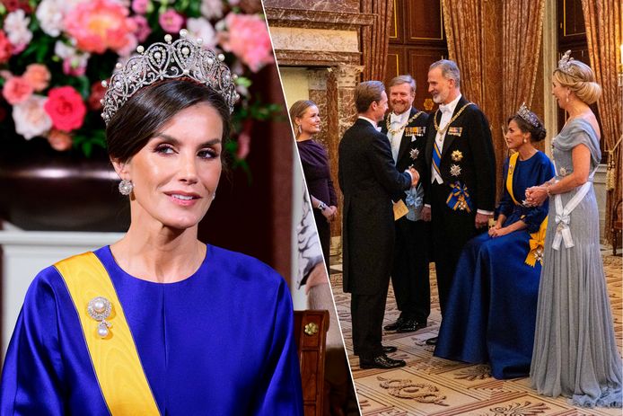Tijdens het staatsbanket en de begroeting vooraf bleef de Spaanse koningin Letizia noodgedwongen zitten