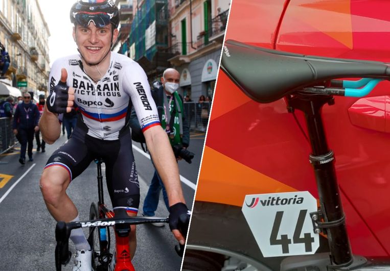 Matej Mohoric maakte gebruikt van een dropper post (inschuifbare zadelpen) in Milaan-Sanremo, een technologisch snufje uit het mountainbiken. Beeld Photo News/rv