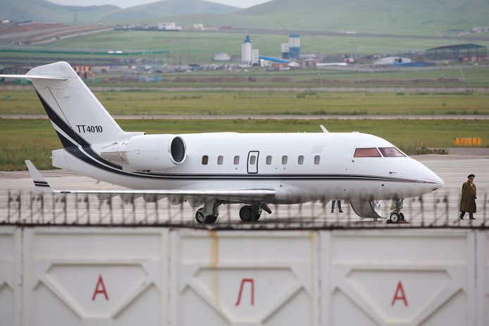 Een vliegtuig van de Turkse luchtmacht op de luchthaven van Ulaanbaatar op 27 juli 2018.