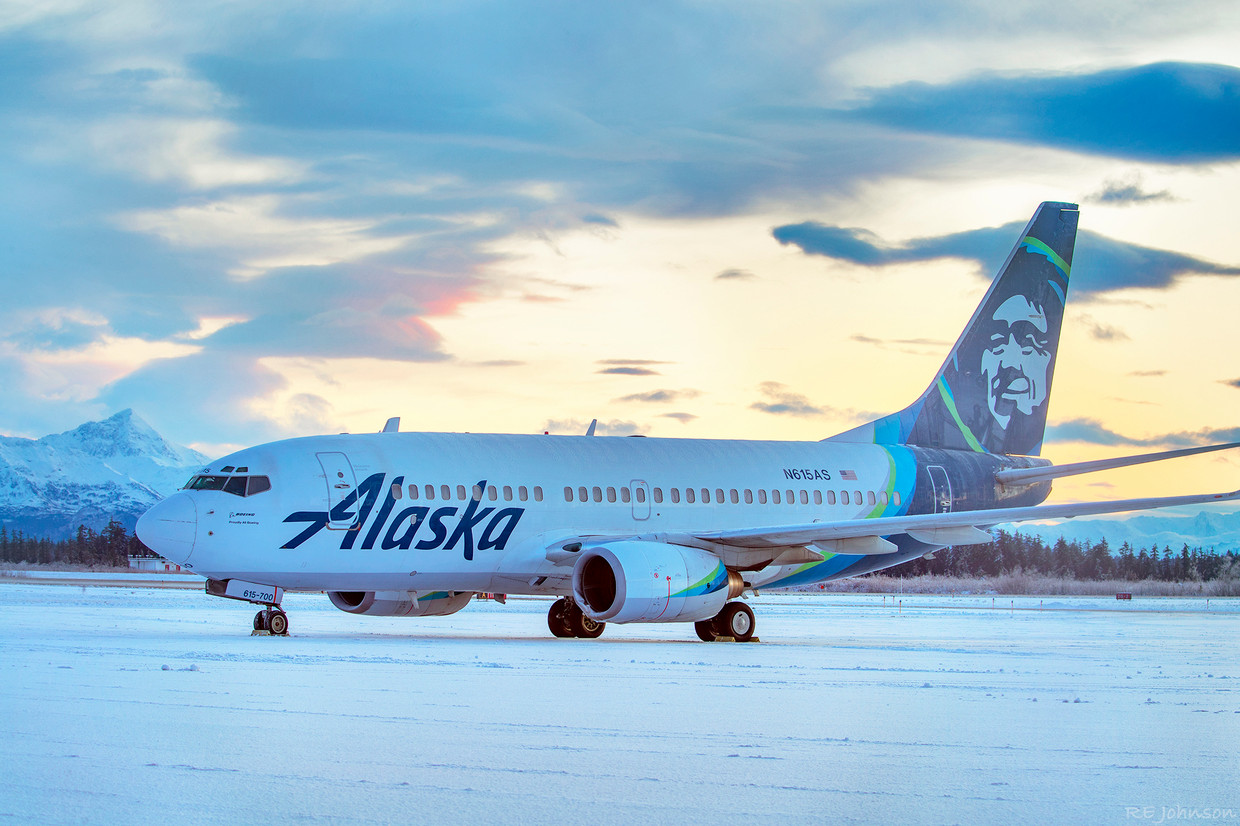 Het toestel van Alaska Airlines dat tijdens het taxiën op een vliegveld in Alaska een beer raakte. Beeld AP