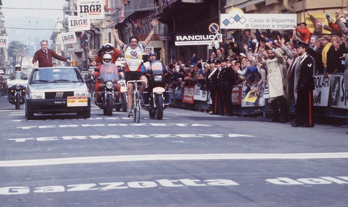 Francesco Moser tijdens Milaan-Sanremo in 1984.