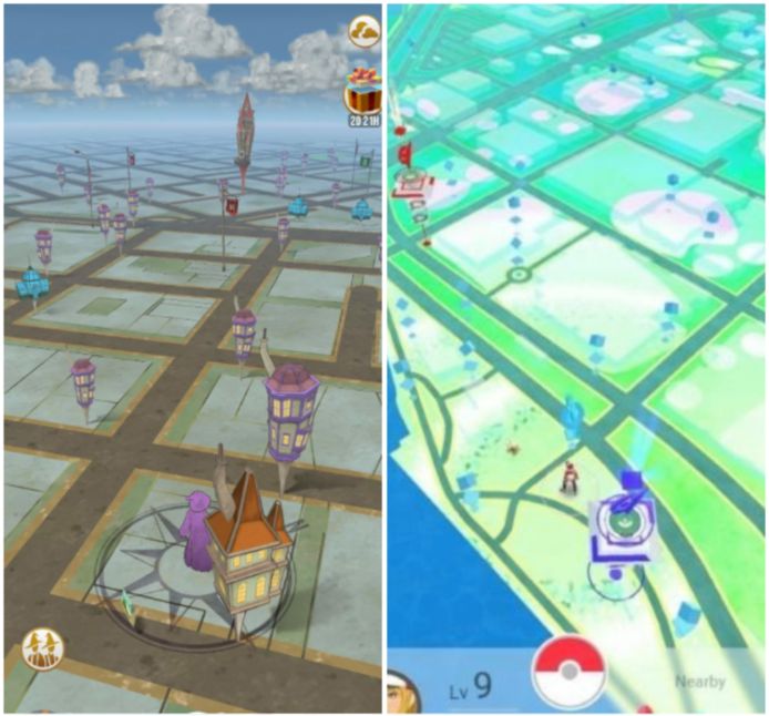 Links: de kaart van Wizards Unite. Rechts: die van Pokémon Go.