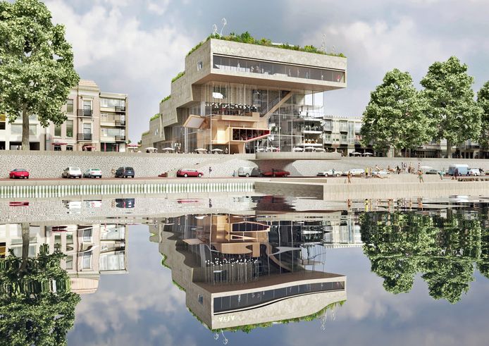 Een impressie van ArtA van NL Architects: het gebouw waar Museum Arnhem en Focus Filmtheater Arnhem dat ruim vier jaar geleden nog op de hoek van de Rijnkade en de Nieuwstraat was gepland. Later schoot de gemeenteraad dit plan af. Nu stroomt op deze plek de Jansbeek de Rijn in.