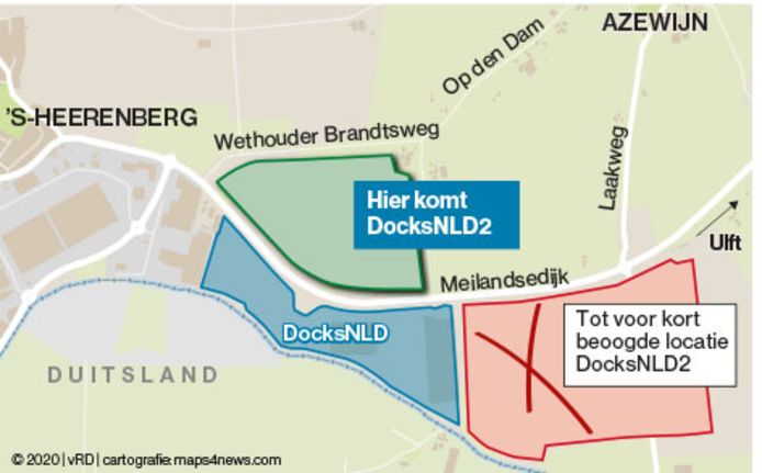 DocksNLD2 komt ten noorden van transportbedrijf Mainfreight. Rechts de kandidaatlocatie waar de gemeente Montferland jarenlang op inzette.