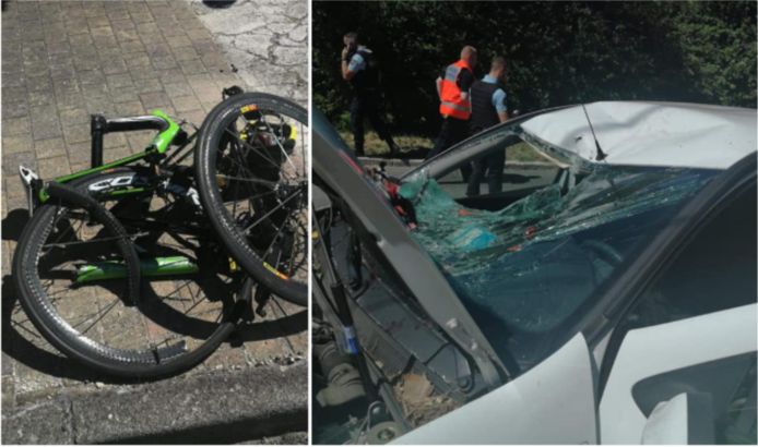 De fiets van een van de renners en de wagen die het ongeval veroorzaakte.