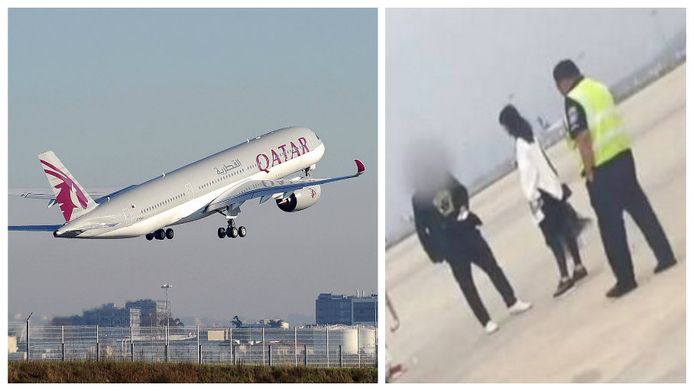 Het incident gebeurde op een vlucht van Qatar Airways. Rechts een beeld dat door een piloot werd gedeeld op Twitter en waarop het koppel te zien zou zijn.