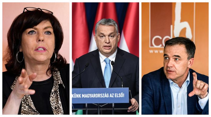 Brussels cdH-kopstuk Joëlle Milquet (l.), Hongaars premier Viktor Orbán (m.) en Europees lijsttrekker voor cdH Benoît Lutgen (r.)