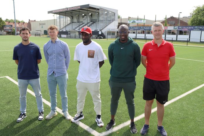 Voorstelling van Club Roeselare met de nieuwe trainer Kenny Verduyn , Djordy Tack , Jasper Cafmeyer , Alain Fotso Moullam en Saxo Aliyou.