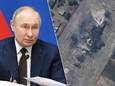 De Russische president Vladimir Poetin. Rechts een vernield Russisch gevechtsvliegtuig op een luchtmachtbasis op de Krim.