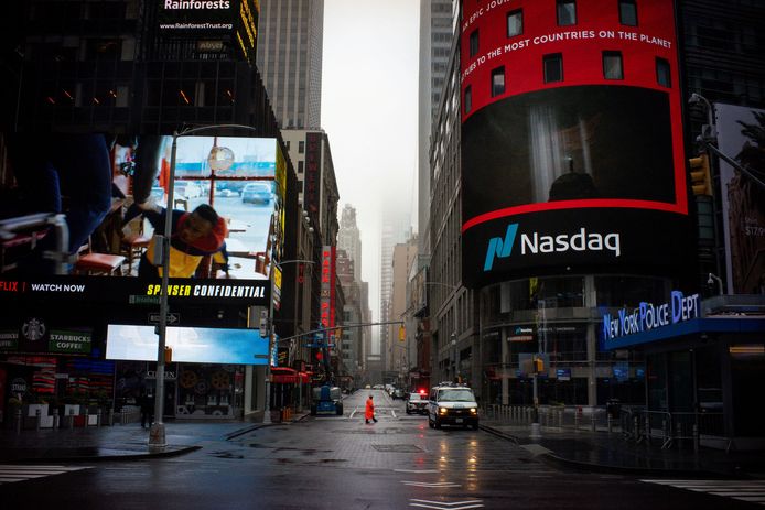 De Amerikaanse technologiebeurs Nasdaq, aan Times Square in New York.