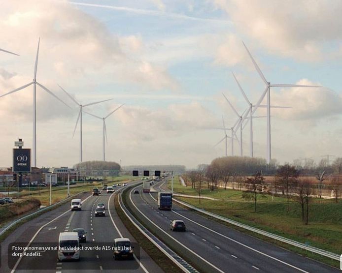 Visualisatie van beoogd windturbinepark langs A15 en Betuweroute, gezien vanaf viaduct Wageningsestraat tussen Andelst en Zetten. In het laatste bod zijn aan de linkerzijde, de noordkant, twee turbines minder ingetekend.