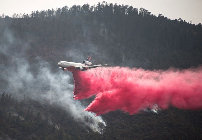 Een DC-10 tankvliegtuig vliegt boven een bos in de Mexicaanse staat Coahuila.