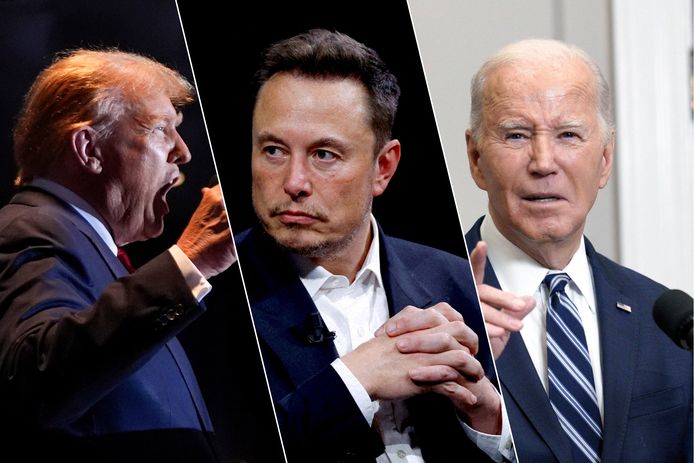 V.l.n.r.: oud-president Donald Trump, Tesla-baas Elon Musk en huidig president Joe Biden.