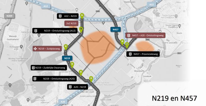 Kaartje met de geplande aanpassingen aan de wegen rond het toekomstige Vijfde Dorp.in Zuidplas.