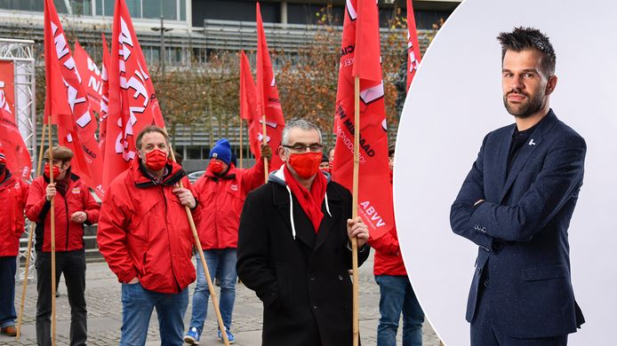 Links: Leden van het ABVV tijdens actie ter verdediging van het stakingsrecht in december. Rechts: werkexpert Stijn Baert.