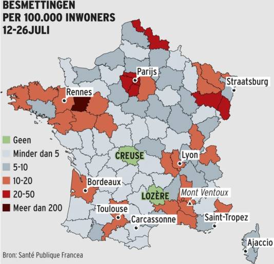De besmettingskaart van Frankrijk.