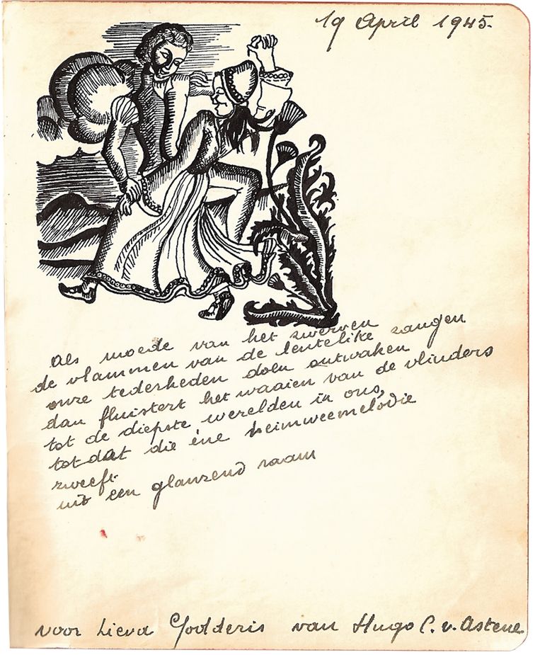 Gedicht en tekening van Hugo Claus in het poëziealbum van Lieva Godderis, ondertekend met Hugo C. v. Astene. Beeld rv