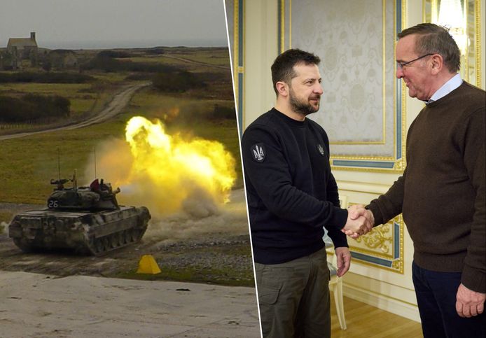 Illustratiebeeld van een Leopard 1A5-tank (links) en de Duitse minister van Defensie Boris Pistorius met de Oekraïense president Volodymyr Zelensky in Kiev (rechts).