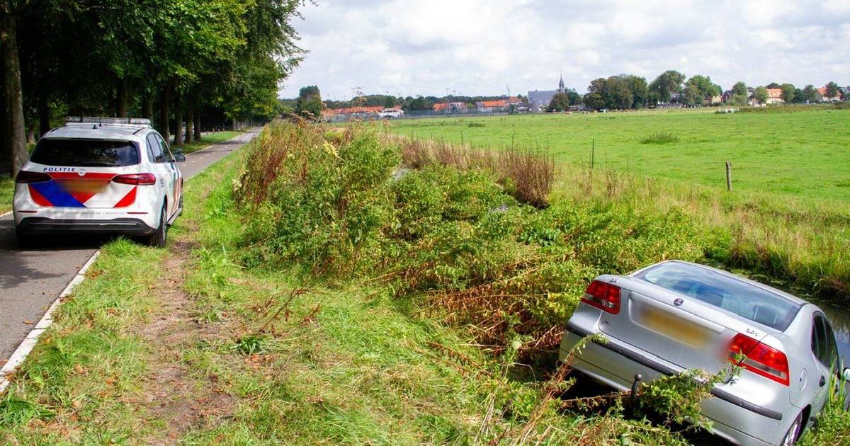 Automobilist rijdt twee paaltjes en verkeersbord omver en eindigt in sloot Overveen