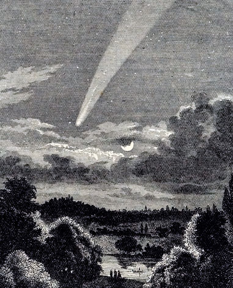 Houtsnede van de grote komeet van 1843. Eind negentiende eeuw was het de Duitse astronoom Heinrich Kreutz die als eerste suggereerde dat de grote kometen van 1843, 1880 en 1882 fragmenten waren van een en hetzelfde ijzige hemellichaam.  Beeld Universal Images Group via Getty