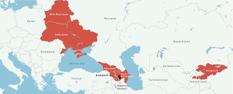 Overzicht van de staten die onder de invloedssfeer van Rusland verkeerden, maar steeds meer losscheuren van Moskou losscheuren. Beeld TROUW