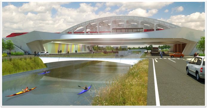 Een impressie van de twee nieuwe bruggen ter vervanging van de Postzegelbrug: een lage voor het autoverkeer, een hogere voor bussen en fietsers.