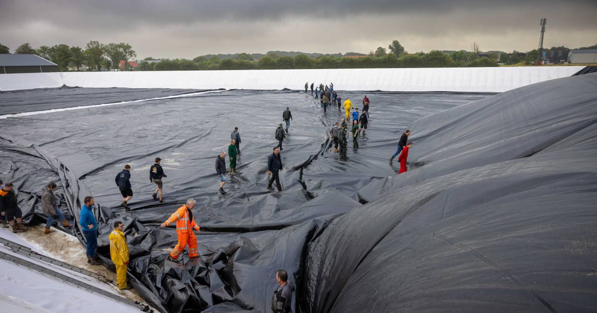 Half agrarisch Noord-Beveland helpt Michael bij het leggen van een megazeil in zijn nieuwe waterbass