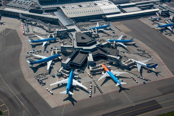 Vliegtuigen aan de gate bij de F-pier.
