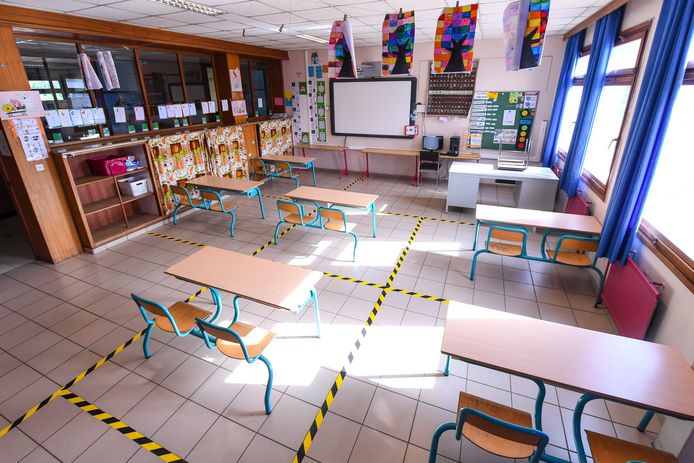 Beeld ter illustratie. Per leerlingen moet een school 4 vierkante meter voorzien, per leerkracht komt daar nog 8 vierkante meter bij. Die afstandsregels maken een heropstart voor alle leerlingen quasi onmogelijk in verschillende scholen.