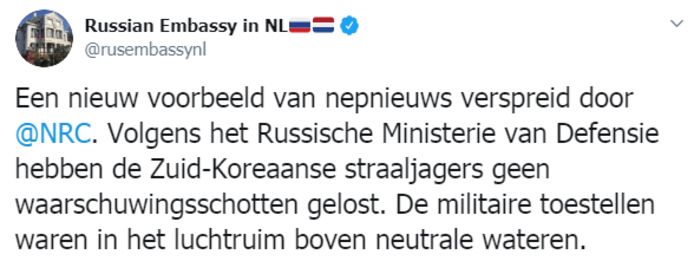 Reacties van de Russische ambassade op Twitter over mediaberichten.