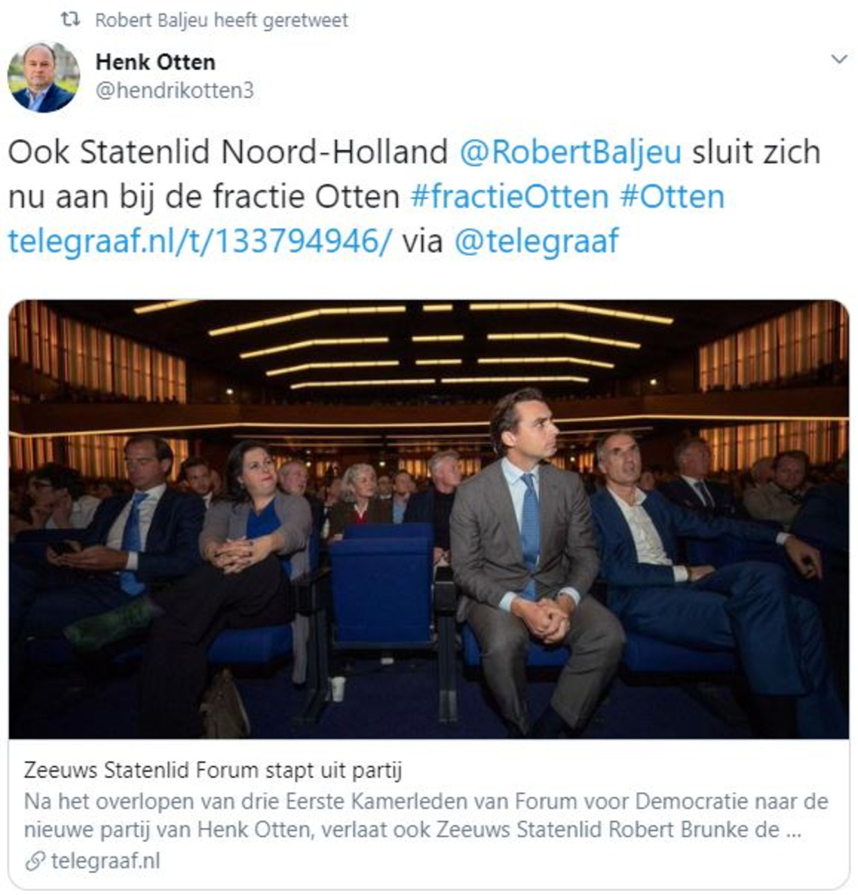 Baljeu retweet maandagavond het bericht van Henk Otten dat ook hij overstapt. Beeld Twitter