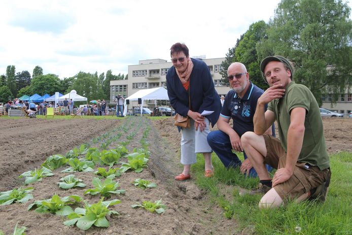 Stadsboer Wannes Suttels (r.) met leden Georges Goffart en Vivienne Dumoulin aan de akker.