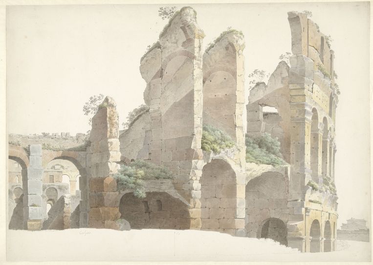 Josephus Augustus Nipp (1777-1847).  Colosseum di Roma, sekitar tahun 1809-1812.  Pensil dan kuas berwarna di atas kertas, 43 x 60 cm, Rijksmuseum, Amsterdam Gambar milik Rijksmuseum