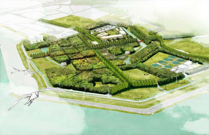 Impressie van het Justitieel Complex Vlissingen dat wordt aangelegd op het terrein dat was bestemd voor de Marinierskazerne bij Ritthem.