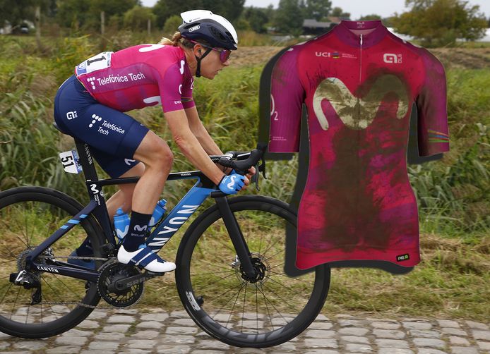 Foto: Van Vleuten aan het begin van Parijs-Roubaix. 
Inzet: Het shirt dat voor 2900 euro verkocht is.