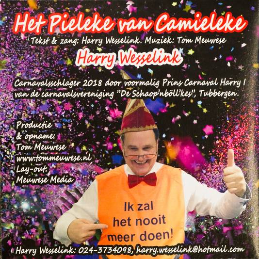 Het CD-hoesje van carnavalskraker Het Pieleke van Camieleke van Harrie Wesselink.