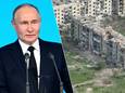President Poetin, met rechts een beeld van de intussen kapotgeschoten Oekraïense stad Tsjasiv Jar.