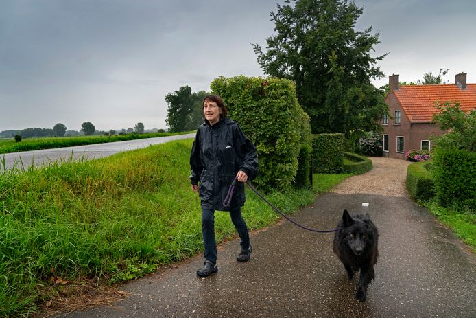Hanneke Herders op de dijk met haar hond Kiko. Zij maakt zich grote zorgen over de komst van zo veel windmolens zo dicht bij haar huis.