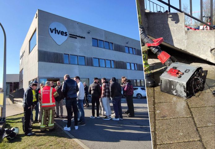 Het gebouw van de hogeschool werd ontruimd (l.) zodat de brandweer de lithium-batterij in alle veiligheid kon blussen (r.).