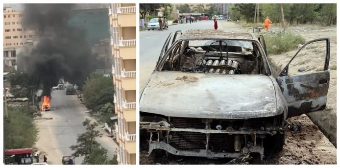 Links: een auto nabij de luchthaven brandde uit na een raketinslag.  Foto rechts: het vermoedelijke voertuig waar vanuit de raketten zijn afgevuurd is uitgebrand.
